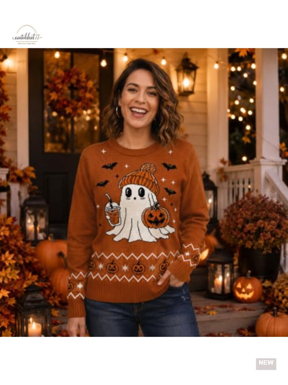 Women's Halloween Ghost Pumpkin Knit Pullover Sweater Crewneck - Picture 3 of 5